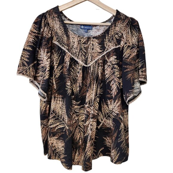 Democracy 2X Top Flounce Sleeve Knit Palm Print Smocked Yoke Black Tan NWT - Picture 2 of 5